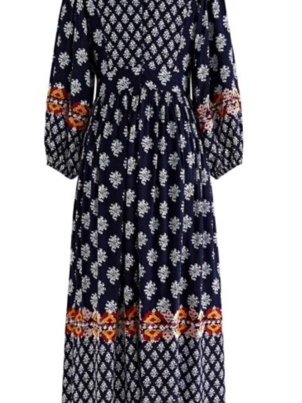 Boho Chicwish Navy Printed V‑Neck Midi Dress with Embroidered Trim - Picture 2 of 11
